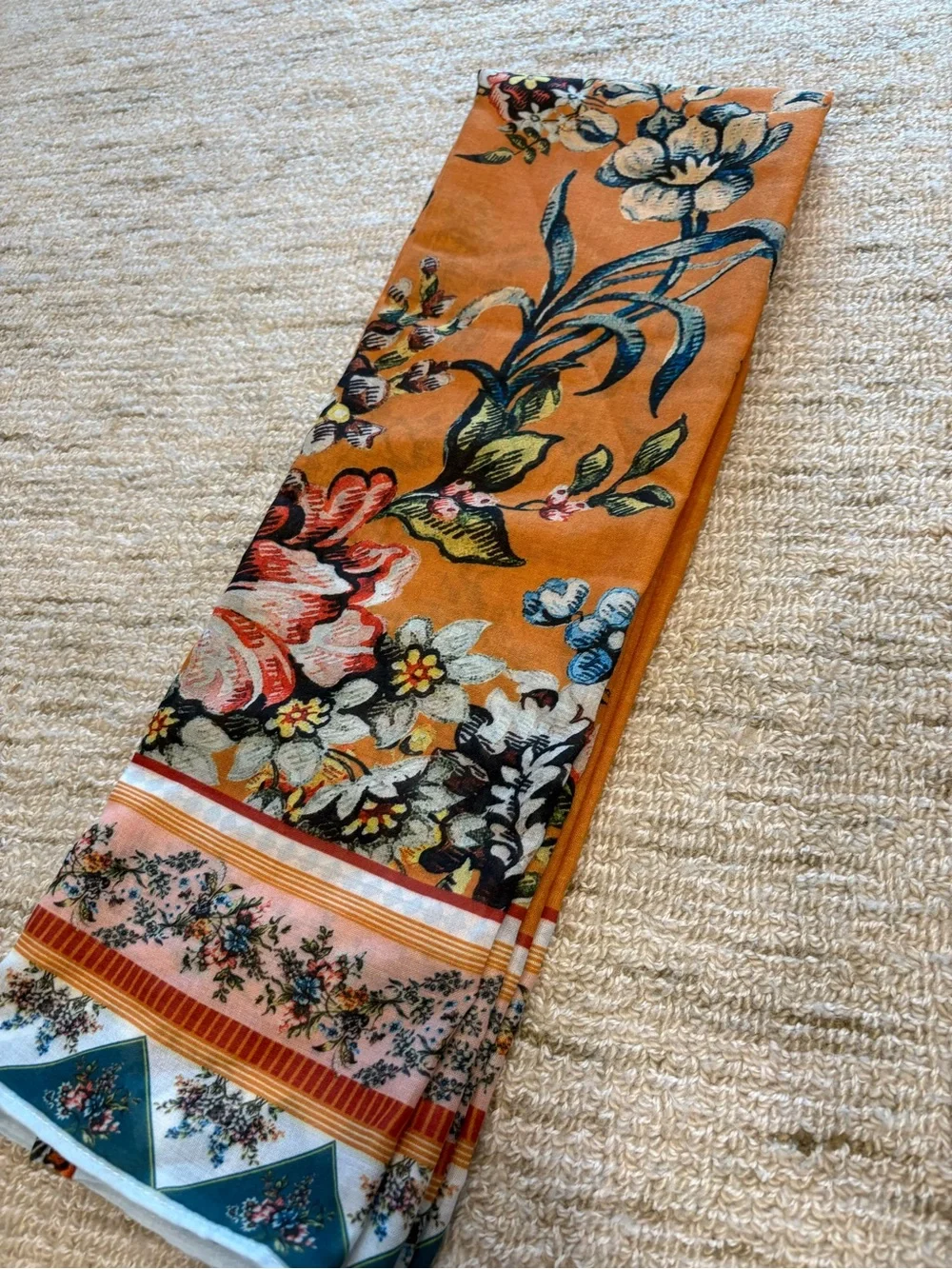 Agua Bendita Orange Floral Silk-Blend Scarf with Blue & Green Accents
